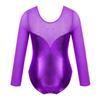 JEEYJOO Kids Girls Long Sleeves Tulle Splice Gymnastics Ballet Dance Leotard Shiny Workout Fitness Bodysuit Purple 4 view 2