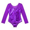 JEEYJOO Kids Girls Long Sleeves Tulle Splice Gymnastics Ballet Dance Leotard Shiny Workout Fitness Bodysuit Purple 4 view 3