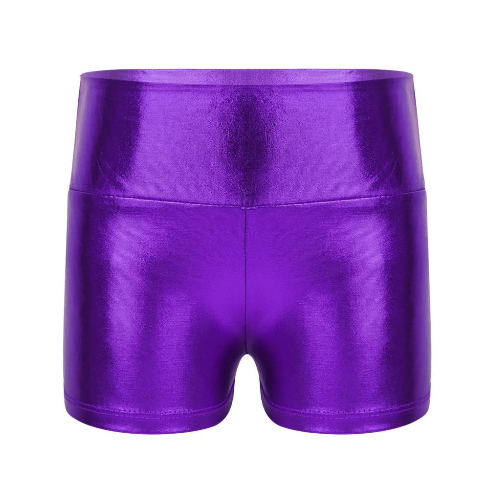 JEEYJOO Girls Shiny Metallic High Waist Modern Jazz Ballet Dance Short High Waist Workout Athletic Booty Shorts Purple 6