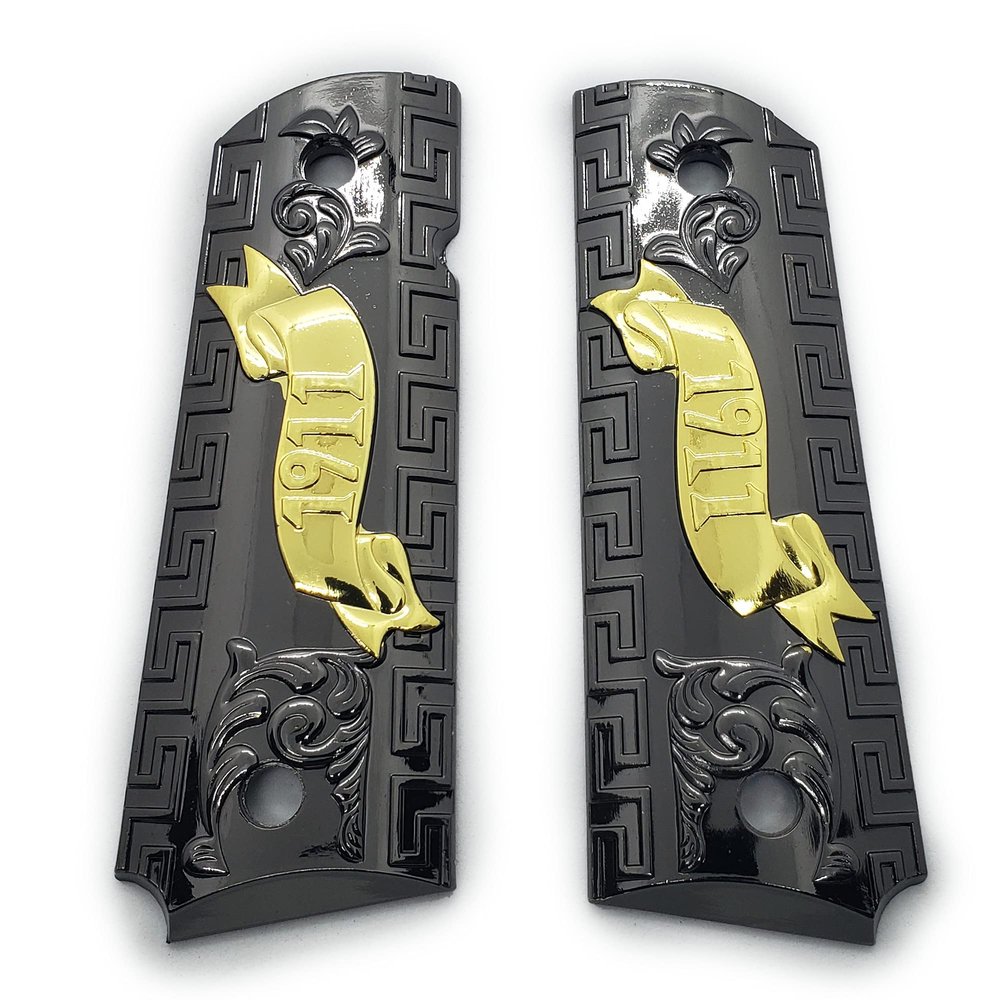 Custom Colt 1911 Grips Full Size Black Gold Scroll Grips 45/38 Super Commander