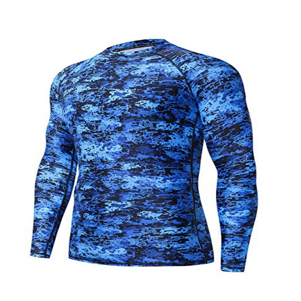 ADOREISM Men's Long Sleeve Rash Guard Surf Swim Shirt Splice UPF 50+ Compression for MMA BJJ Jiu Jitsu Fishing Hiking (Pixel Blue,3XL)