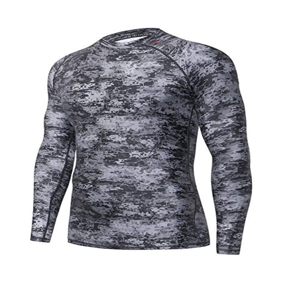 ADOREISM Men's Long Sleeve Rash Guard Surf Swim Shirt Splice UPF 50+ Compression for MMA BJJ Jiu Jitsu Fishing Hiking (Pixel Dark,2XL)