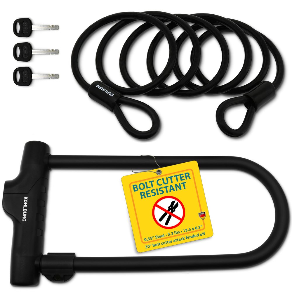KOHLBURG U-Lock with Highest Security Level 15/15, German Certified - Large 13.5" x 6.7" Heavy Duty Anti Theft Bike u Lock with 67 Steel Cable, 3 Keys, Bracket - ulock for ebike Bicycle & Scooter