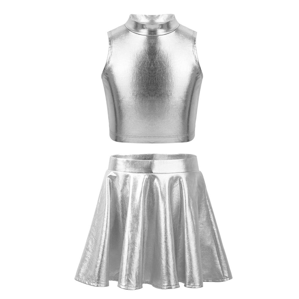 Aislor Children Girls Ballet Dance Jazz Hip Hop Outfits Metallic Sleeveless Tank Tops and Flared Pleated Skort Skirt Silver 12