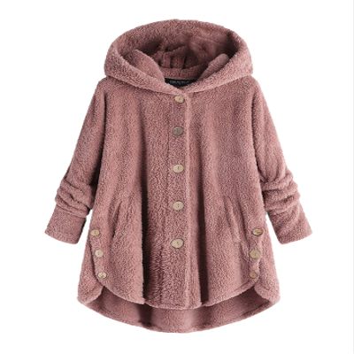 Andongnywell Ladies Button Plush Tops Hooded Loose Cardigan Women's Jacket Solid Color Pullover Tunic Tops (Pink,3X-Large)