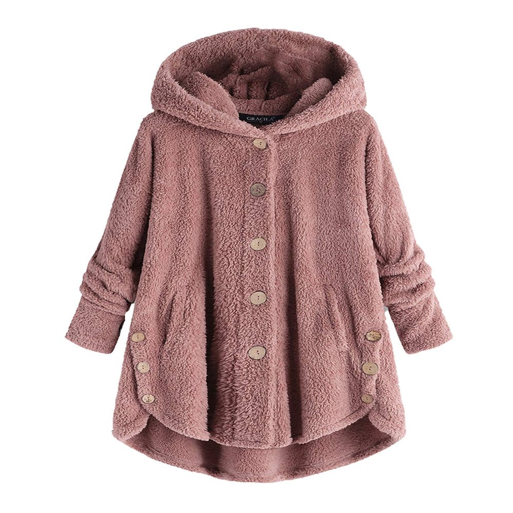 Andongnywell Ladies Button Plush Tops Hooded Loose Cardigan Women's Jacket Solid Color Pullover Tunic Tops (Pink,3X-Large)