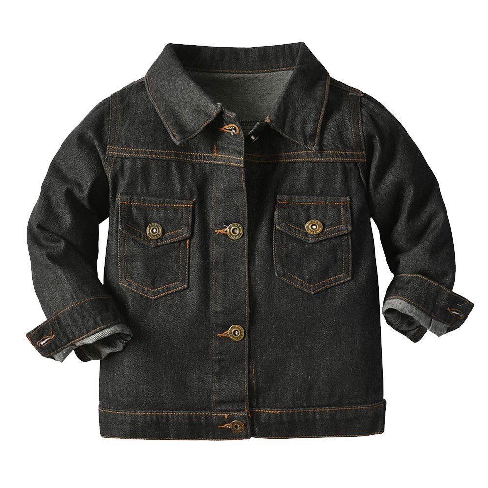 Toddler Baby Denim Jackets Button Down Jeans Coat Ripped Hooded Top Fall Cowboy Long Sleeve Overcoat Basic Hoodie Casual Outwear Clothes for Kids Girls Boys BlackNo Faux Fur Fleece 12-18 Months