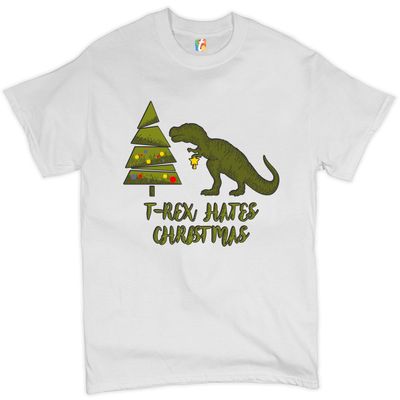 T-Rex Hates Christmas T-Shirt Funny Dinosaur Xmas Eve Festive Men's Tee White Small