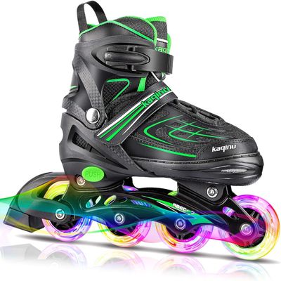 KAQINU Adjustable Inline Skates, Outdoor Inline Skates Roller with Full Illuminating Wheels for Kids and Adults, Women, Girls and Boys (Green, M)