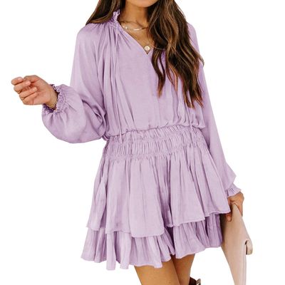 R.Vivimos Women's Cotton Long Sleeves V Neck Layered Ruffles Pleated Swing Mini Dress (X-Large, Pale Purple)