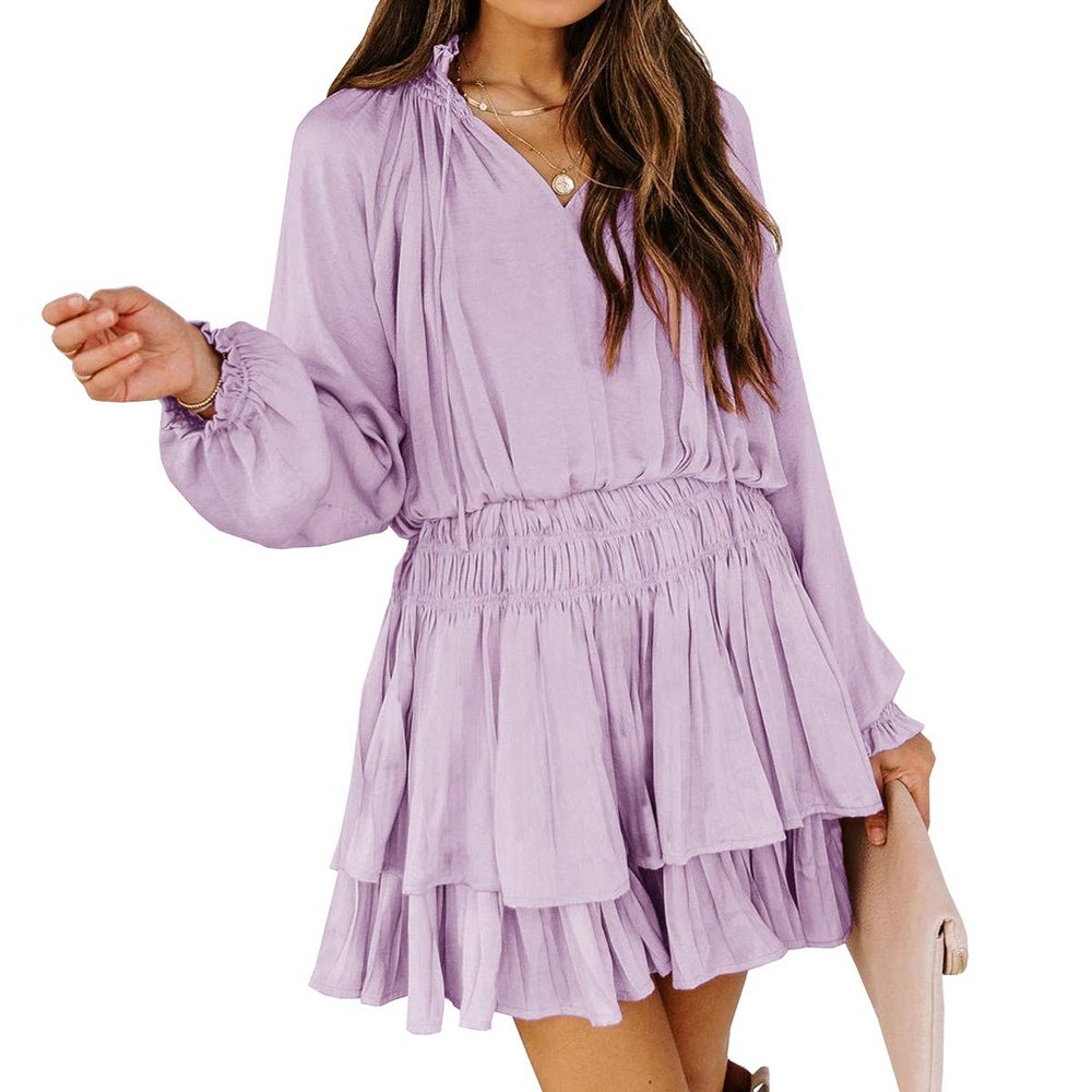 R.Vivimos Women's Cotton Long Sleeves V Neck Layered Ruffles Pleated Swing Mini Dress (X-Large, Pale Purple)