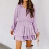 R.Vivimos Women's Cotton Long Sleeves V Neck Layered Ruffles Pleated Swing Mini Dress (X-Large, Pale Purple) view 4