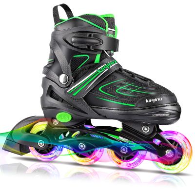 KAQINU Adjustable Inline Skates, Outdoor Inline Skates Roller with Full Illuminating Wheels for Women, Kids, Girls and Boys (Green, S)
