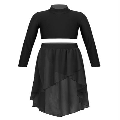 FEESHOW Big Girls Two Piece Lyrical Ballet Dance Dress Mock-neck Crop Top with Asymmetrical Chiffon Skirt Set Black 6