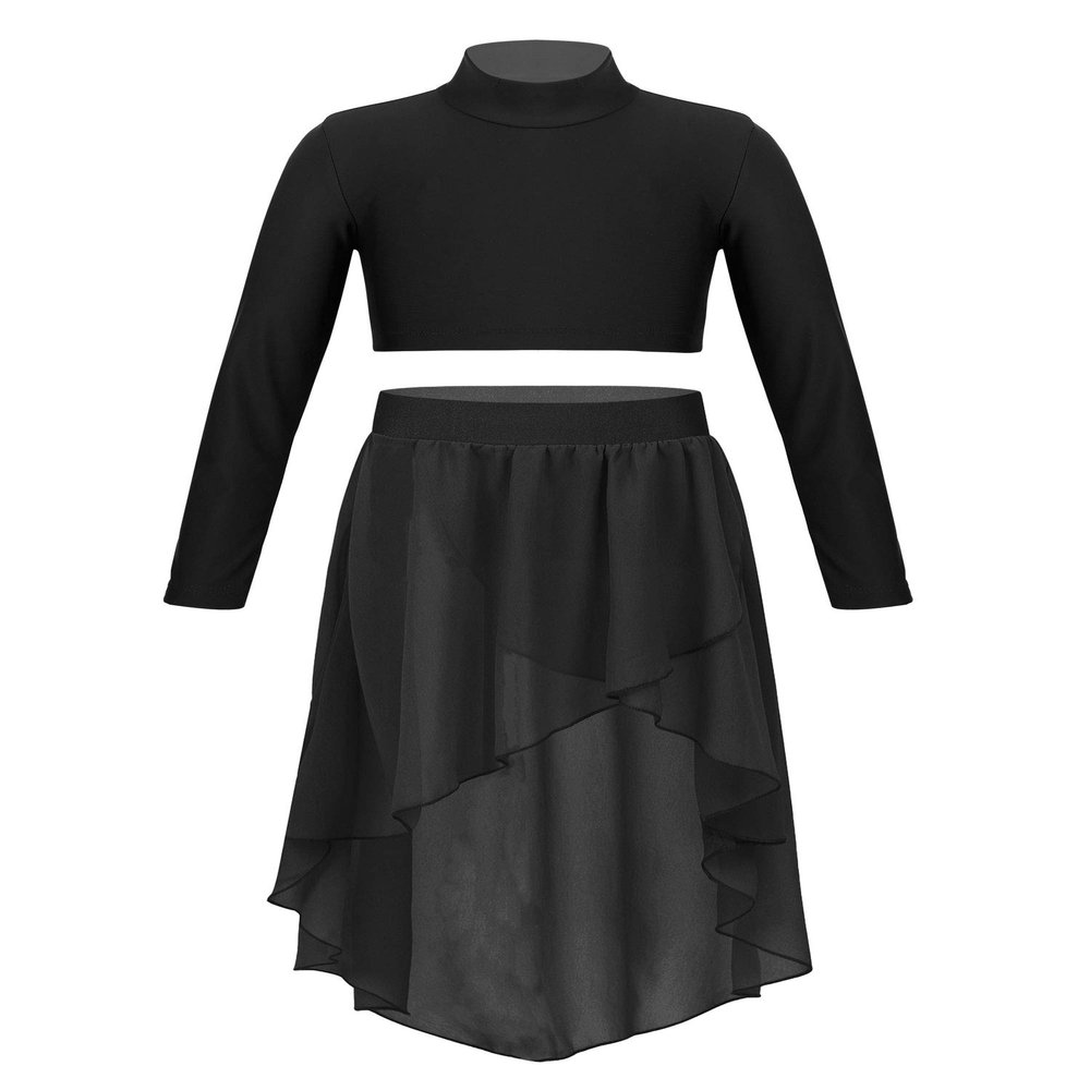 FEESHOW Big Girls Two Piece Lyrical Ballet Dance Dress Mock-neck Crop Top with Asymmetrical Chiffon Skirt Set Black 6