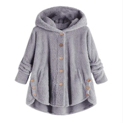 Andongnywell Ladies Button Plush Tops Hooded Loose Cardigan Women's Jacket Solid Color Pullover Tunic Tops (Gray,Small)