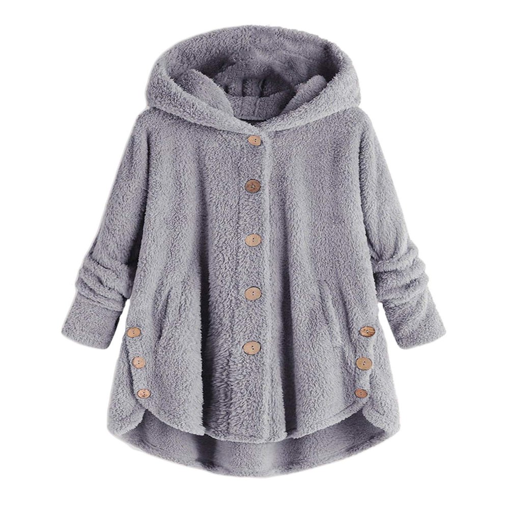 Andongnywell Ladies Button Plush Tops Hooded Loose Cardigan Women's Jacket Solid Color Pullover Tunic Tops (Gray,Small)