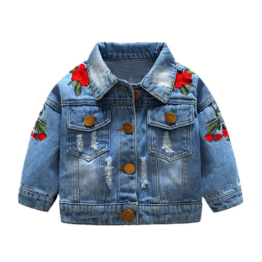 Toddler Baby Boy Girls Denim Jacket Top Button Down Basic Ripped Hoodie Jeans Coat Kid Cowboy Outwear Casual Outwear Photo Shoot Western Wild West Clothes for Kids Blue&flower 2-3 Years