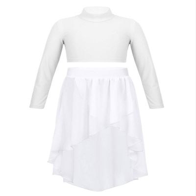 winying Kids Girls 2PCS Solid Color Long Sleeves Mock Neck Crop Top with Chiffon High-low Hem Skirt Set White 14