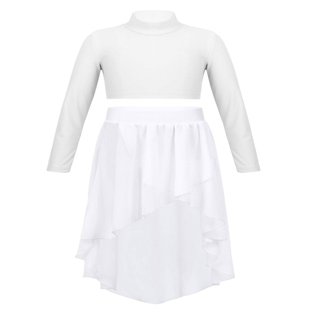 winying Kids Girls 2PCS Solid Color Long Sleeves Mock Neck Crop Top with Chiffon High-low Hem Skirt Set White 14