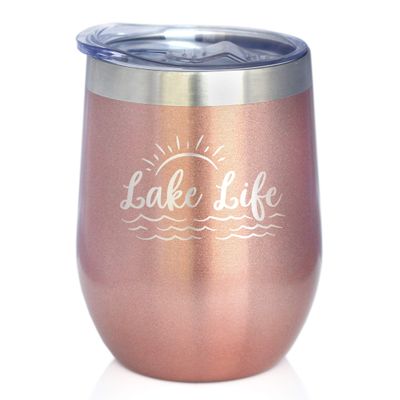 Bevvee Lake Life - Wine Tumbler with Sliding Lid - Stemless Stainless Steel Insulated Cup - Cute Outdoor Camping Mug - Rose Gold