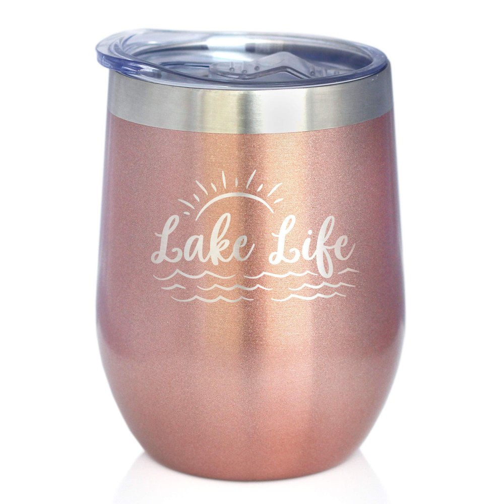 Bevvee Lake Life - Wine Tumbler with Sliding Lid - Stemless Stainless Steel Insulated Cup - Cute Outdoor Camping Mug - Rose Gold