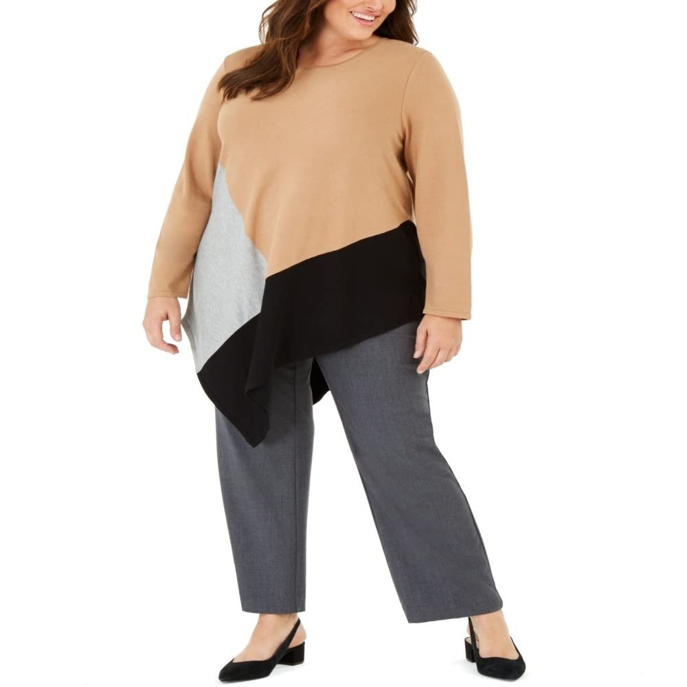 Alfani Womens Plus Colorblock Asymmetrical Sweater Tan 0X
