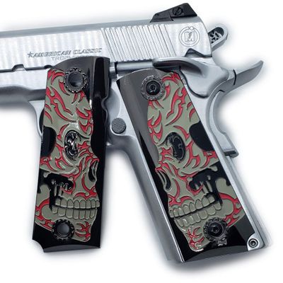 Custom Colt 1911 Grips Full Size Metal Skull with Soft Enamel Black Plated 45/38 Super Commander