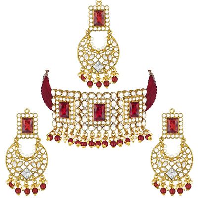 Aheli Jodha Akbar Crystal Pearl Choker Necklace & Earring Maang Tikka Indian Traditional Bollywood Bridal Bharatanatyam jewellery Set Gift for Women