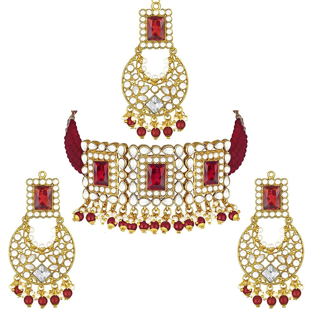 Aheli Jodha Akbar Crystal Pearl Choker Necklace & Earring Maang Tikka Indian Traditional Bollywood Bridal Bharatanatyam jewellery Set Gift for Women