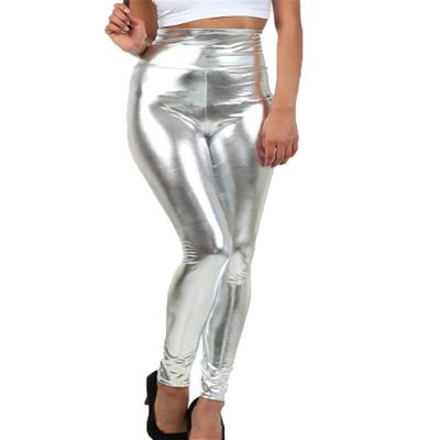 Andongnywell Womens Faux Leather Leggings Pants Uplifting Hip High Waist Tummy Slim Sexy Reflective Trousers (Silver,Large)