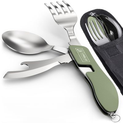 Orblue 4-in-1 Camping Eating Utensils, 2-Pack - Portable Spoon, Fork, Knife & Bottle Opener Combo Set - Stainless Steel Flatware with Detachable Fork - Backpacking Cutlery Multitool, Olive Green