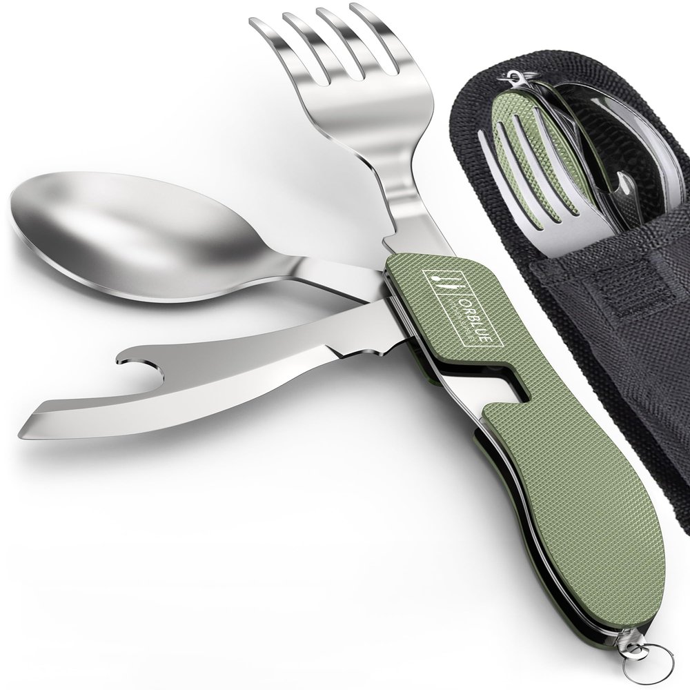 Orblue 4-in-1 Camping Eating Utensils, 2-Pack - Portable Spoon, Fork, Knife & Bottle Opener Combo Set - Stainless Steel Flatware with Detachable Fork - Backpacking Cutlery Multitool, Olive Green