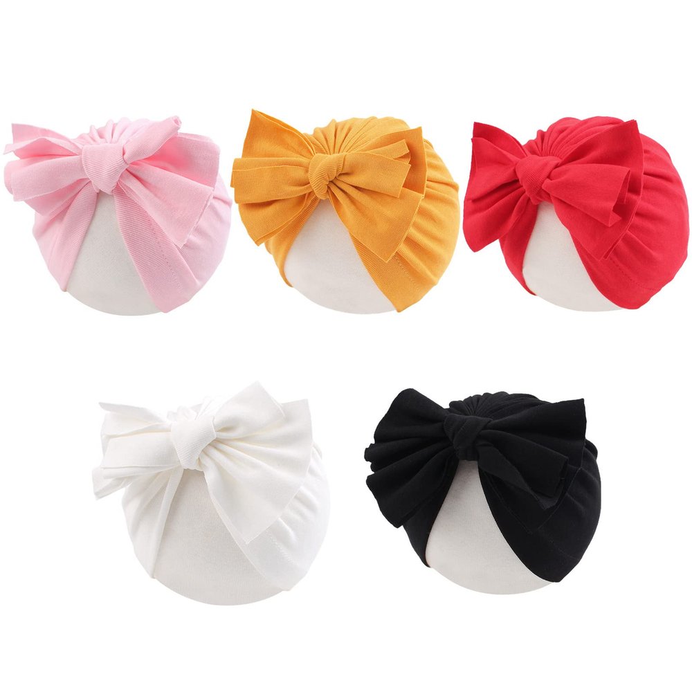Baby Girl Turban Newborn Beanie Hat 5 Pieces Cotton Infant Girls Headwraps Toddler Kids Hats 0-3 Years (Bow(Black,White,Red,Light Pink,Ginger))