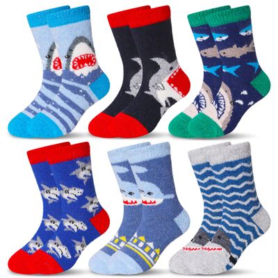 Eocom 6 Pairs Children's Winter Warm Wool Animal Crew Socks Kids Boys Girls Socks (Shark, 4-7X)