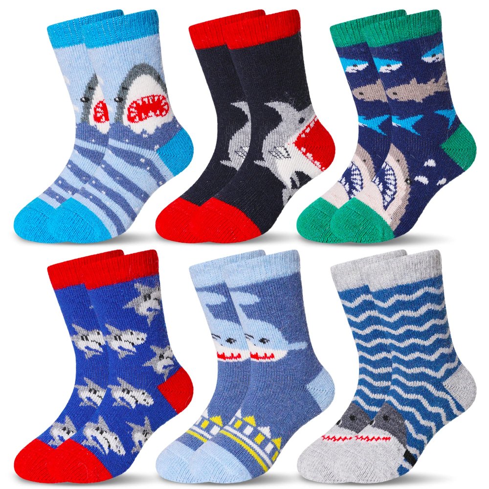 Eocom 6 Pairs Children's Winter Warm Wool Animal Crew Socks Kids Boys Girls Socks (Shark, 4-7X)