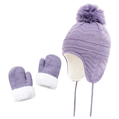 Hats and Glove Set Kids Girls Toddler Baby Winter Hat Mitten Knit Earflap Beanie Warm Fleece Cap Violet Blue