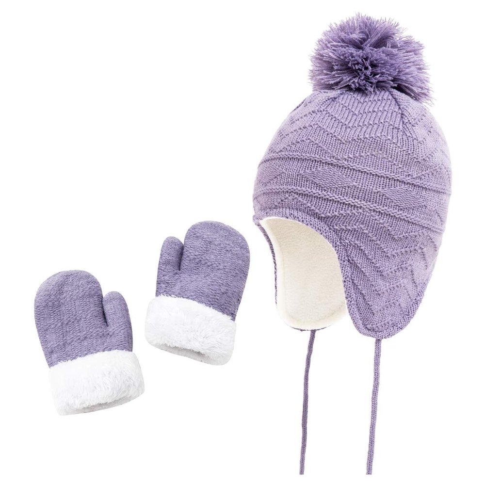 Hats and Glove Set Kids Girls Toddler Baby Winter Hat Mitten Knit Earflap Beanie Warm Fleece Cap Violet Blue