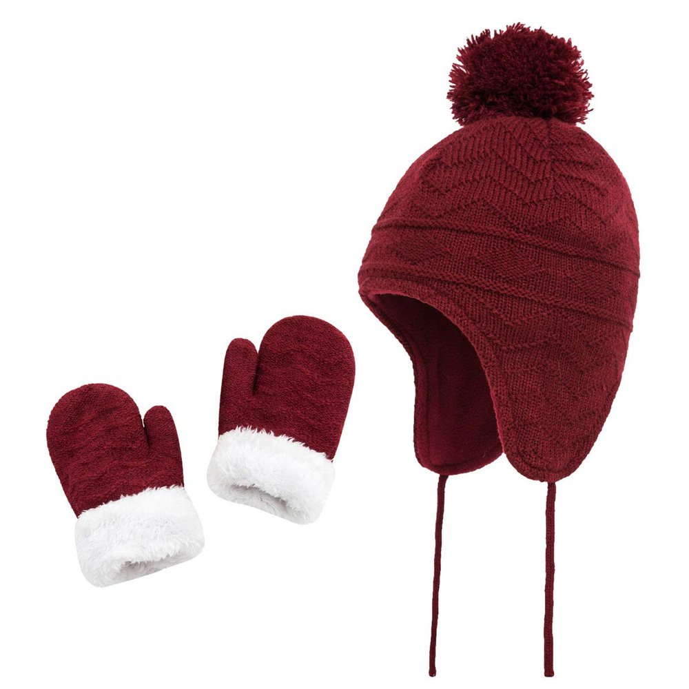 Girls Hats and Mitten Set Kids Toddler Baby Winter Hat Gloves Knit Earflap Beanie Warm Fleece Cap Wine Red