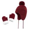 Girls Hats and Mitten Set Kids Toddler Baby Winter Hat Gloves Knit Earflap Beanie Warm Fleece Cap Wine Red view 1