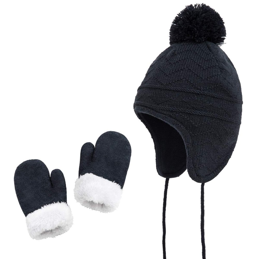 Hats and Gloves Set Boys Girls Kids Toddler Baby Winter Hat Mitten Knit Earflap Beanie Warm Fleece Cap Navy Blue
