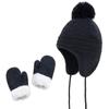 Hats and Gloves Set Boys Girls Kids Toddler Baby Winter Hat Mitten Knit Earflap Beanie Warm Fleece Cap Navy Blue view 1