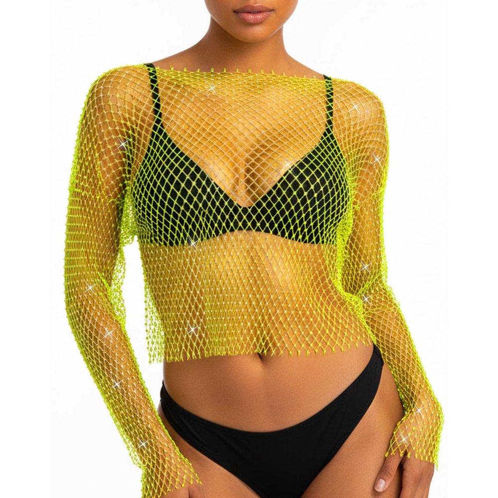 Fstrend Women's Sparkly Rhinestone Fishnet Mesh Top, Long Sleeve Sheer Blouse for EDM Festival, Coachella, Rave Party, Fluorescent Green Outfits