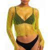 Fstrend Women's Sparkly Rhinestone Fishnet Mesh Top, Long Sleeve Sheer Blouse for EDM Festival, Coachella, Rave Party, Fluorescent Green Outfits view 1