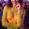 Fstrend Women's Sparkly Rhinestone Fishnet Mesh Top, Long Sleeve Sheer Blouse for EDM Festival, Coachella, Rave Party, Fluorescent Green Outfits view 2