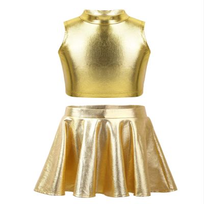 Agoky Kids Girls Shiny Hip Hop Jazz Dance Dress Mock Neck Ballet Dance Crop Top with Pleated Skirt Dance Costume Dancewear Gold 14