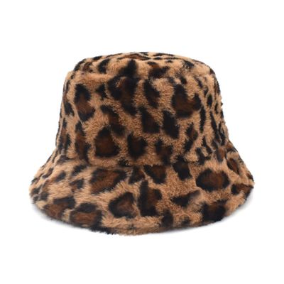 BeFur Faux Fur Wide Brim Bucket Hat for Women Leopard Print Winter Cloche Fisherman Cap (Free Size, Brown)