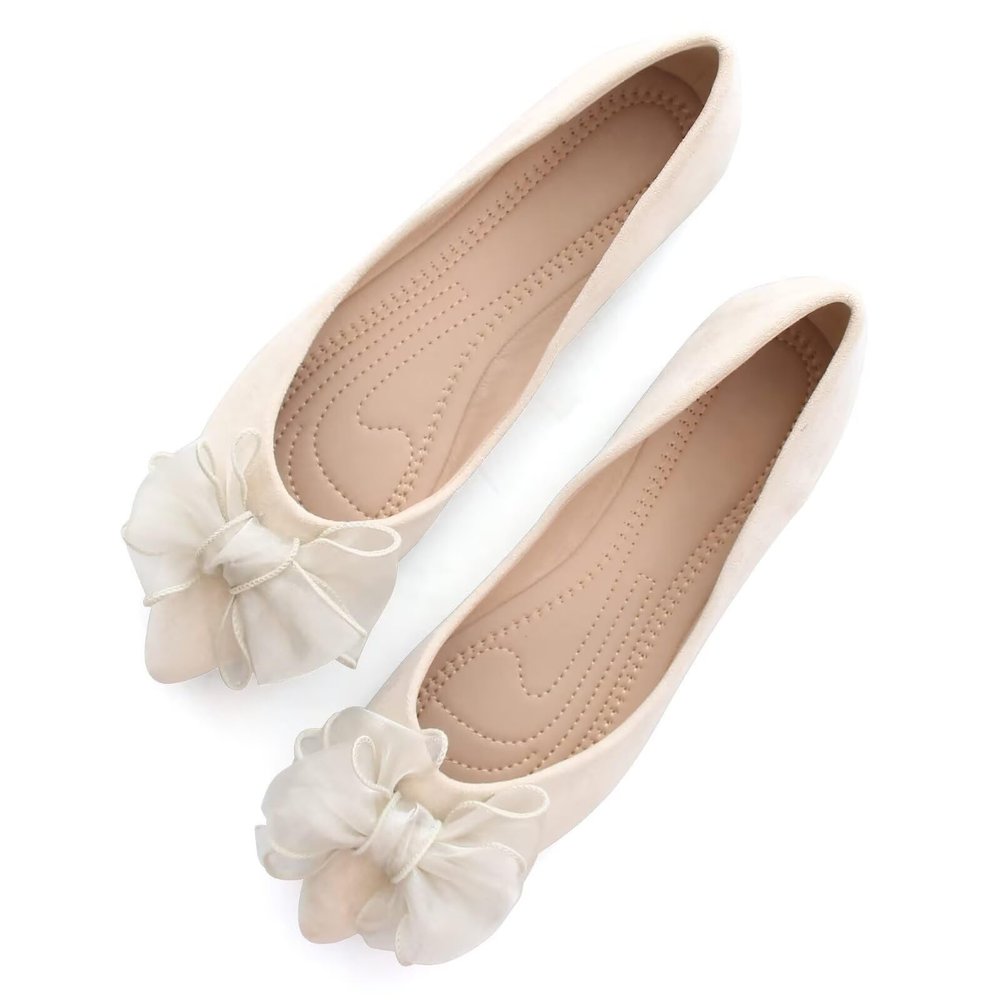 SAILING LU Bow-Knot Ballet Flats Womens Pointy Toe Flat Shoes Suede Dress Shoes Wear to Work Slip On Moccasins Apricot Size 9