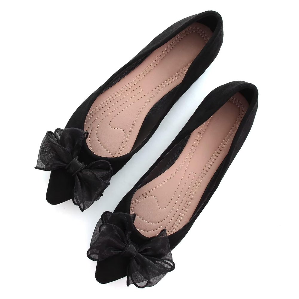 SAILING LU Bow-Knot Ballet Flats Womens Pointy Toe Flat Shoes Suede Dress Shoes Wear to Work Slip On Moccasins Black Size 6.5