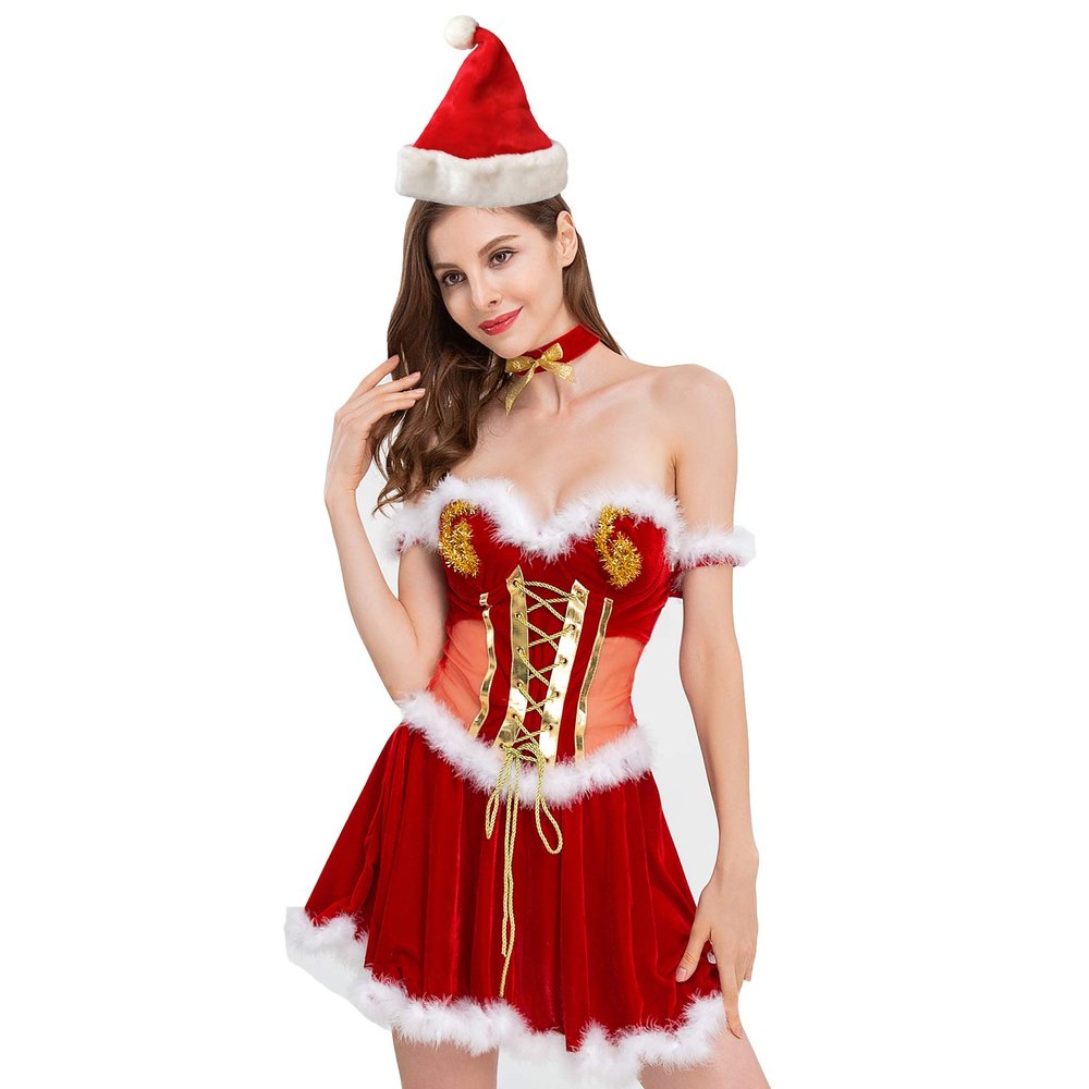 4 Piece Women's Christmas Mrs Santa Costume Set Suit: Dress+Neck Decoration+Hand Decoration+Hat Red